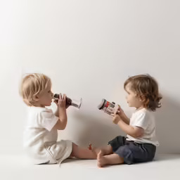 two toddlers drink and talk to each other in a white room