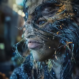 the person has dark hair with white decorations on his face