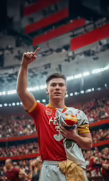 a male soccer player with his arm raised