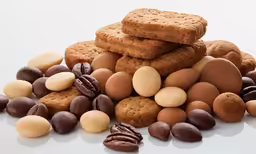 a pile of nuts and chocolate cookies on a table