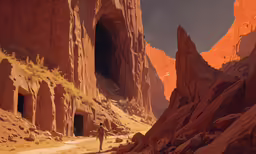 there is a man walking through some rocky canyon