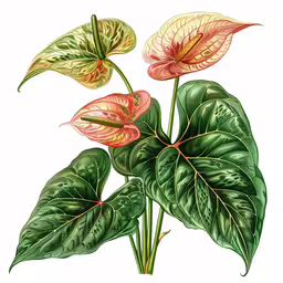 a colorful flower with large leaves on the side,an antique botanical print featuring two tropical flowers