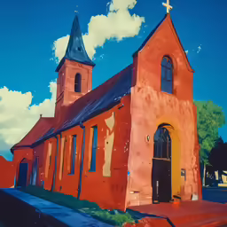 a colorful painting of a church on a bright sunny day