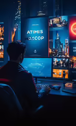 a man sitting at a desk on top of a computer