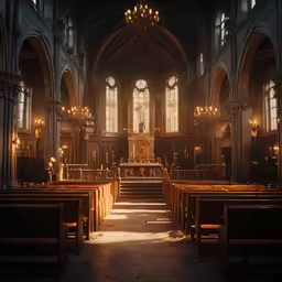 empty church pews and chandeliers in the early morning light