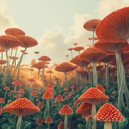 a painting of a field of red mushrooms