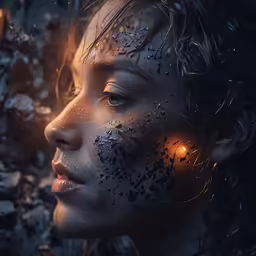 woman with dark hair and mud face, portrait in motion