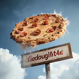 a sign advertising doughnuts and one has some doughnuts flying out