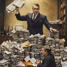 two men in suits are in an office full of papers