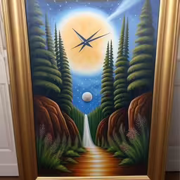 a painting with a painting on the wall of it,this painting is of a star that rises over the mountains