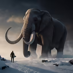 an elephant walks down a snowy hill towards someone