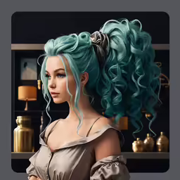a woman with green hair and blue hair stands in front of a shelf