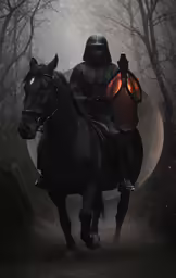 a person on a horse in the woods with trees