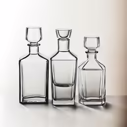 three empty, clear glass bottles with one empty