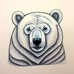 the drawing is of a white bear with blue eyes