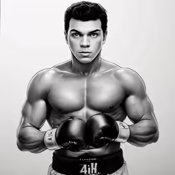 the young man is holding two black boxing gloves
