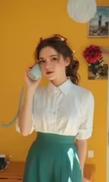 a woman on the phone stands near a bright yellow wall