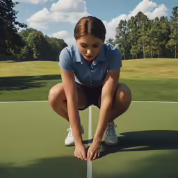a young girl kneeling down to take a swing at a golf ball