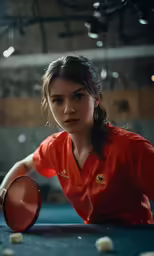 a woman in an orange top is playing paddle ball