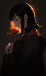 a girl with long hair and bangs holding flowers