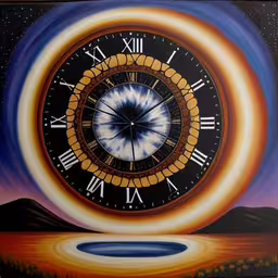 a painting of a clock in front of a blue sky with a yellow and orange circle,a painting of a clock is shown on a board