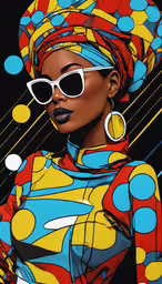 a person in a colorful dress with big sunglasses,a painting of a woman wearing shades and a head covering