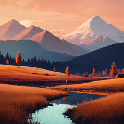 a scenic mountain scene of water and trees,a couple of trees sitting in a field by the water