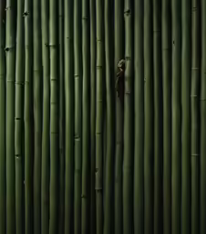 a green bamboo panel with a small bird perched on it