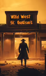 a cowboy with a hat and trench coat is standing in front of a pub