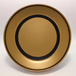 a black and gold plate on a white background