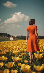 a woman in an orange dress standing in the middle of a yellow field