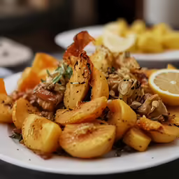 a close up of a plate of food with potatoes and other foods