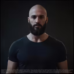 a man with a beard standing in front of a black background