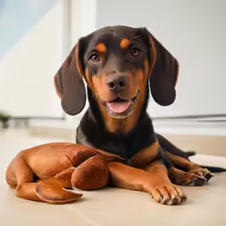 a brown dog laying on the ground with a stuffed animal
