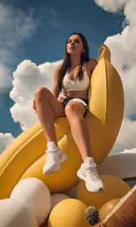 a woman is sitting on top of a banana balloon