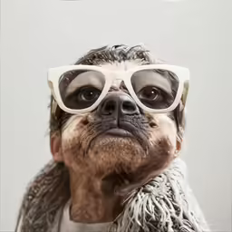 the dog has glasses and a jacket on