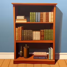 a book shelf with two different colored books,an animation picture of a bookcase with books and bottles on top,there are many books that are on the shelf,an orange bookcase stands against a blue wall with books on top,a book shelf sitting on a hardwood floor next to a wall