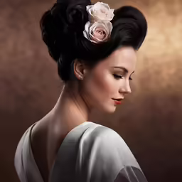 a woman with black hair and a flower in her hair