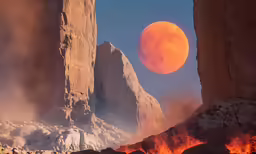a full moon is visible over the desert