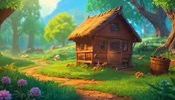 a wooden hut sitting in a field with trees and flowers,an image of a cute cabin in the woods