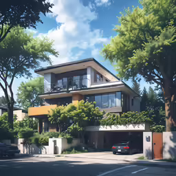 two cars parked in front of a large home