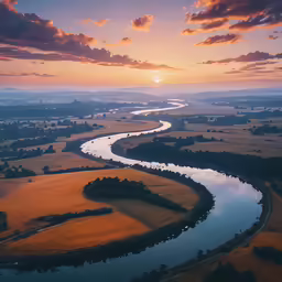 aerial view of sun setting in middle of plain