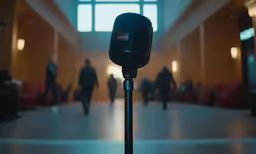 black microphone in a large room with people moving around