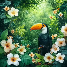 the bird is perched on a branch among the trees and flowers