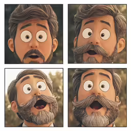 an animation cartoon of a bearded man making different facial expressions