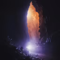 the light coming out from a cave is shining on an icy ground