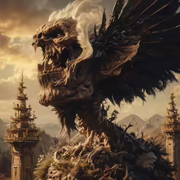 an ornate winged bird standing next to another tall building