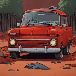 the car is parked in the dirty area,an old red fire truck sits in the dirt