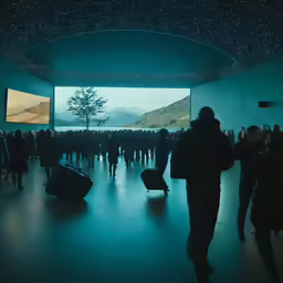 people walk along a dark tunnel toward an open door with mountains in the distance