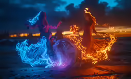 some women doing different colored art on fire